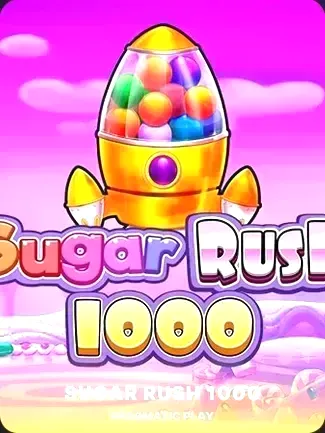Sugar Rush 1000 slot game logo featuring a candy-filled rocket and colorful sweets