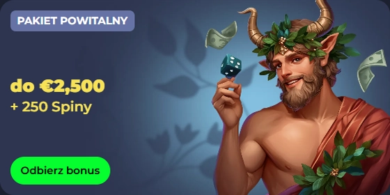 Welcome bonus: up to €2,500 + 250 spins, with a mythical figure holding dice.