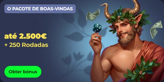Welcome bonus: up to €2,500 + 250 spins, with a man holding dice.
