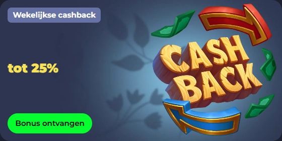 Weekly cashback up to 25% offer with a "Bonus ontvangen" button