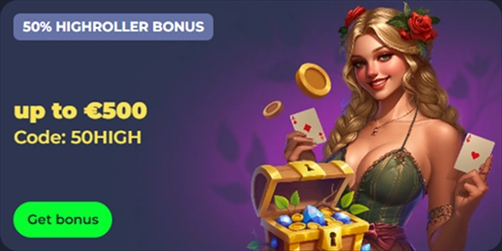 Woman with treasure chest, cards, and coins: 50% highroller bonus up to €500, code 50HIGH
