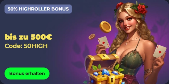 Woman with treasure chest, cards, and bonus offer: 50% Highroller Bonus up to 500€