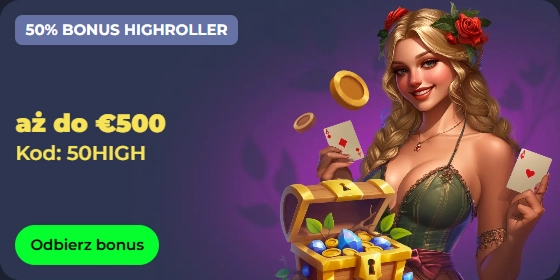 Woman with cards and treasure chest, 50% bonus highroller up to €500, code 50HIGH