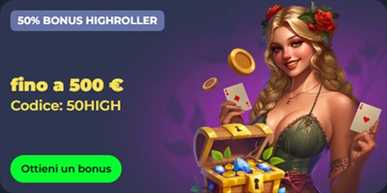 Woman with treasure chest, coins, and playing cards, offering a 50% bonus up to €500 with code 50HIGH