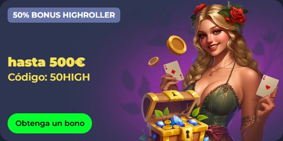 Woman with treasure chest, playing cards, and 50% bonus highroller offer