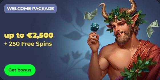 Casino welcome bonus offer: Up to €2,500 + 250 free spins with a smiling man