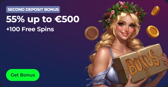 Casino bonus offer: 55% up to €500 + 100 free spins with a woman holding a bonus box.