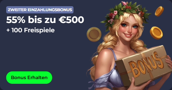 Woman holding bonus gift box with text "Zweiter Einzahlungsbonus 55% bis zu €500 + 100 Freispiele