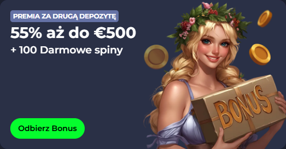 Woman holding a "BONUS" box with 55% up to €500 and 100 free spins offer