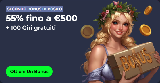Woman with bonus gift box, 55% up to €500 + 100 free spins offer