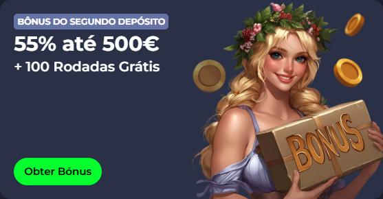 Woman holding a BONUS box with text "55% até 500€ + 100 Rodadas Grátis