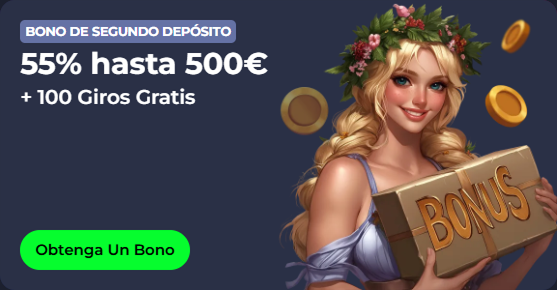 Woman with bonus gift box and casino offer: 55% up to 500€ + 100 Free Spins
