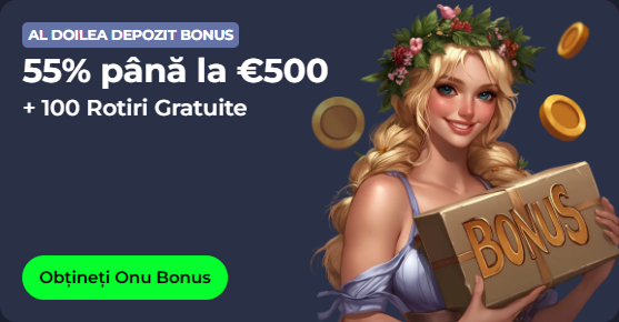 Woman with bonus box offering 55% up to €500 and 100 free spins