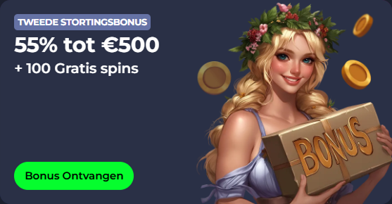 Woman with bonus box, 55% to €500 + 100 free spins offer
