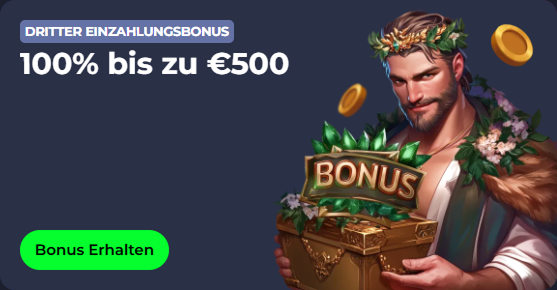 Man with laurel wreath and bonus chest, 100% bonus up to €500