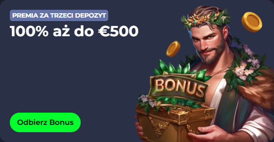 Bonus offer: 100% up to €500, with a man holding a treasure chest. Claim bonus.