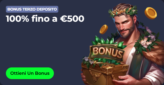 Bonus offer: 100% up to €500, with a "Bonus" chest and a crowned man.