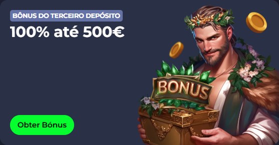 Man with laurel wreath and treasure chest, offering a 100% bonus up to €500