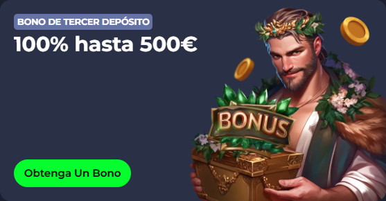 Man with laurel wreath and bonus chest, offering 100% up to €500 bonus