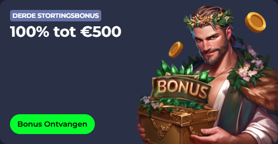 Man with laurel wreath and chest of bonus coins, 100% up to €500 bonus offer