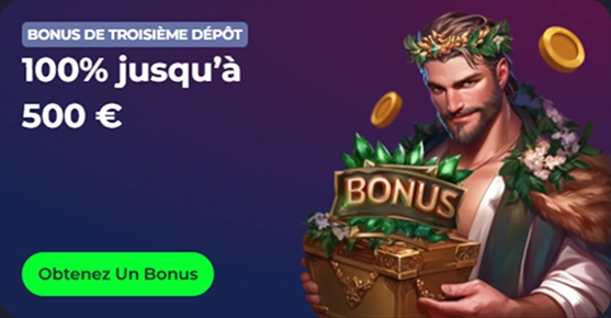 Man in a laurel wreath holds a treasure chest with "BONUS" on it, offering a 100% deposit bonus up to €500.