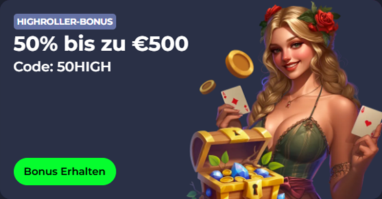 Casino bonus offer: 50% up to €500 with code 50HIGH. Woman with cards.