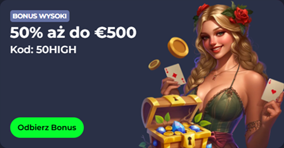 Woman with roses in hair, holding cards, next to treasure chest with bonus offer 50% up to €500
