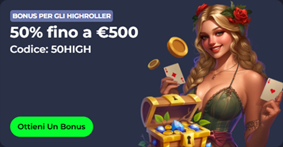 Woman with treasure chest and bonus offer: 50% up to €500