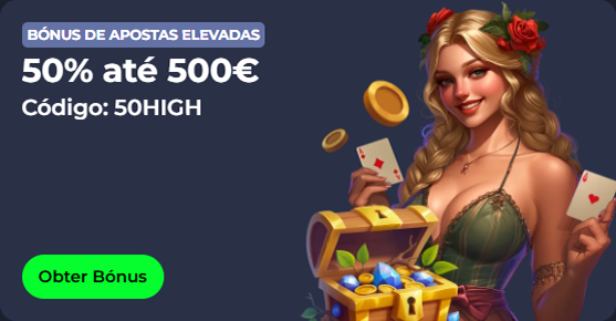 Woman with treasure chest, bonus offer: 50% up to 500€, code 50HIGH
