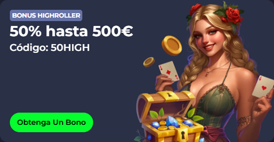Woman in green dress with treasure chest, bonus highroller 50% up to 500€
