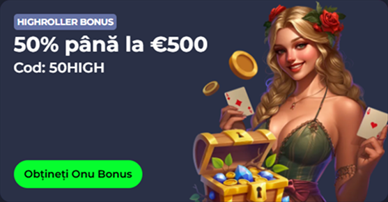 Highroller Bonus: 50% up to €500, code 50HIGH, with a woman and treasure chest.