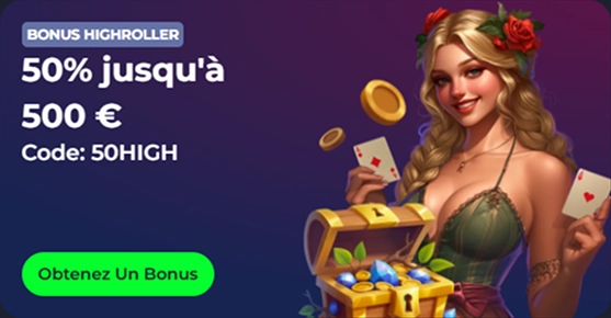 Woman holding playing cards and coins near treasure chest, bonus offer 50% up to 500€