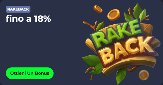Rakeback bonus up to 18% with "Ottieni Un Bonus" button.
