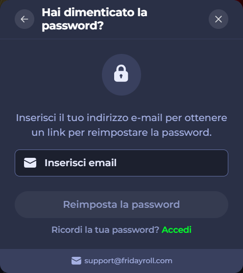 Forgot password screen in Italian, "Inserisci email" and "Reimposta la password" buttons.