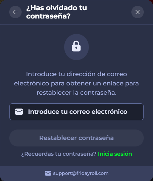 Password reset screen: "Introduce tu correo electrónico" prompt and "Restablecer contraseña" button.
