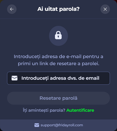 Forgot password screen in Romanian, prompting for email to reset password