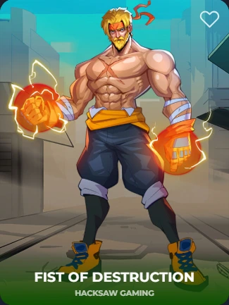 Fist of Destruction character, a muscular man with glowing fists, from Hacksaw Gaming