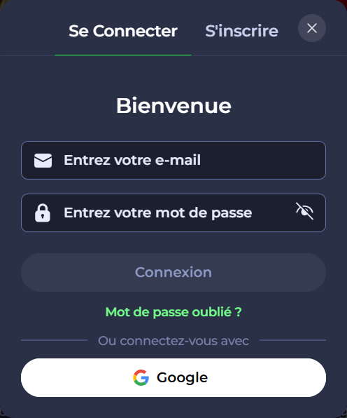 Login screen with fields for email, password, and a Google sign-in option.