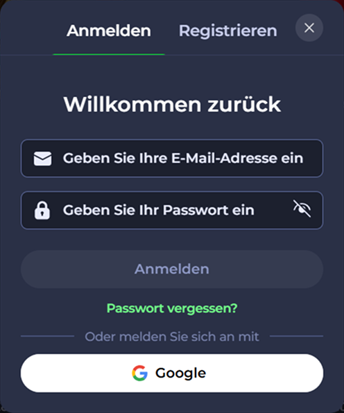 Login screen with fields for email and password, and a "Sign in with Google" option