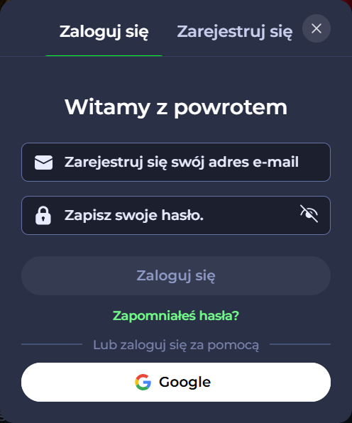 Login screen with fields for email, password, and Google login option