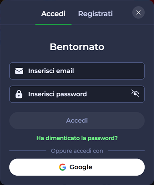Login screen with fields for email and password, and Google sign-in option.