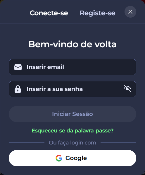 Login screen with fields for email, password, and a Google login option.