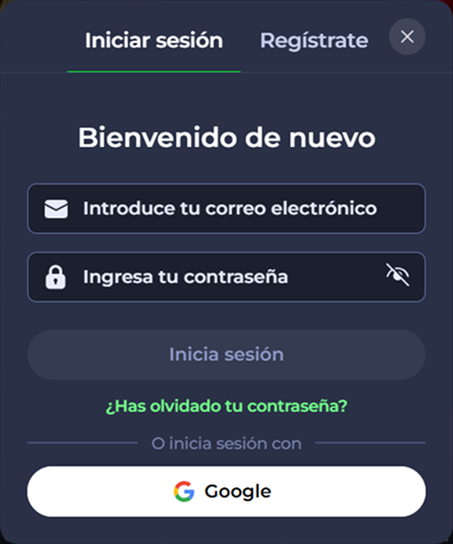 Login screen with fields for email, password, and a Google login option.