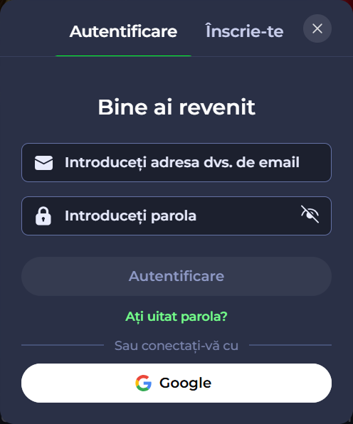 Login screen with fields for email, password, and a Google login option