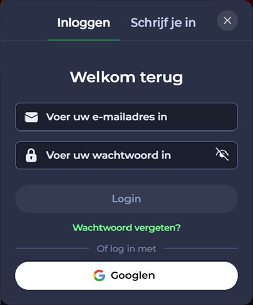 Login screen with fields for email and password, and a Google login option.