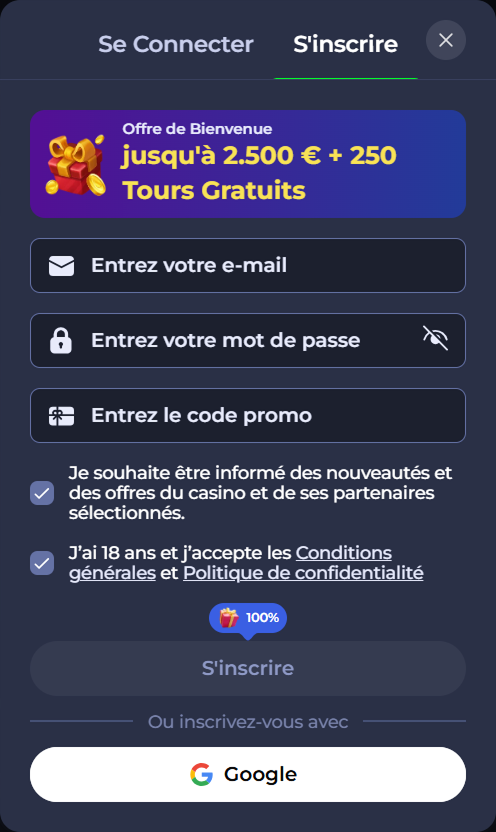 Online casino signup form with email, password, promo code fields and bonus offer