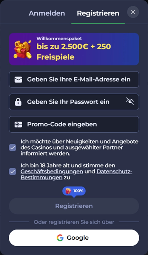 Registration form for a casino bonus with fields for email, password, and promo code.