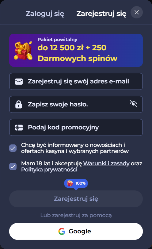 Registration form for a gambling site with fields for email, password, and promo code.