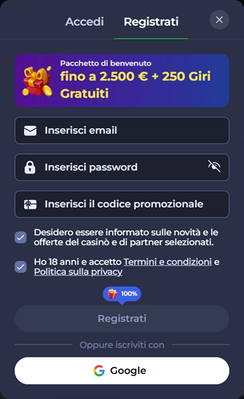 Casino registration form with fields for email, password, and promo code