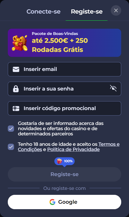 Registration form with fields for email, password, and promo code, plus consent checkboxes.